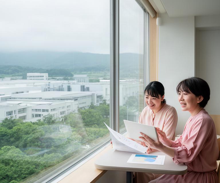 つくばの研究施設を望む窓辺で家計シミュレーションを確認する研究職の夫婦